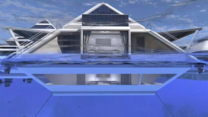 他在海上，建了一栋水上“金字塔”，里面有豪宅，还有飞碟