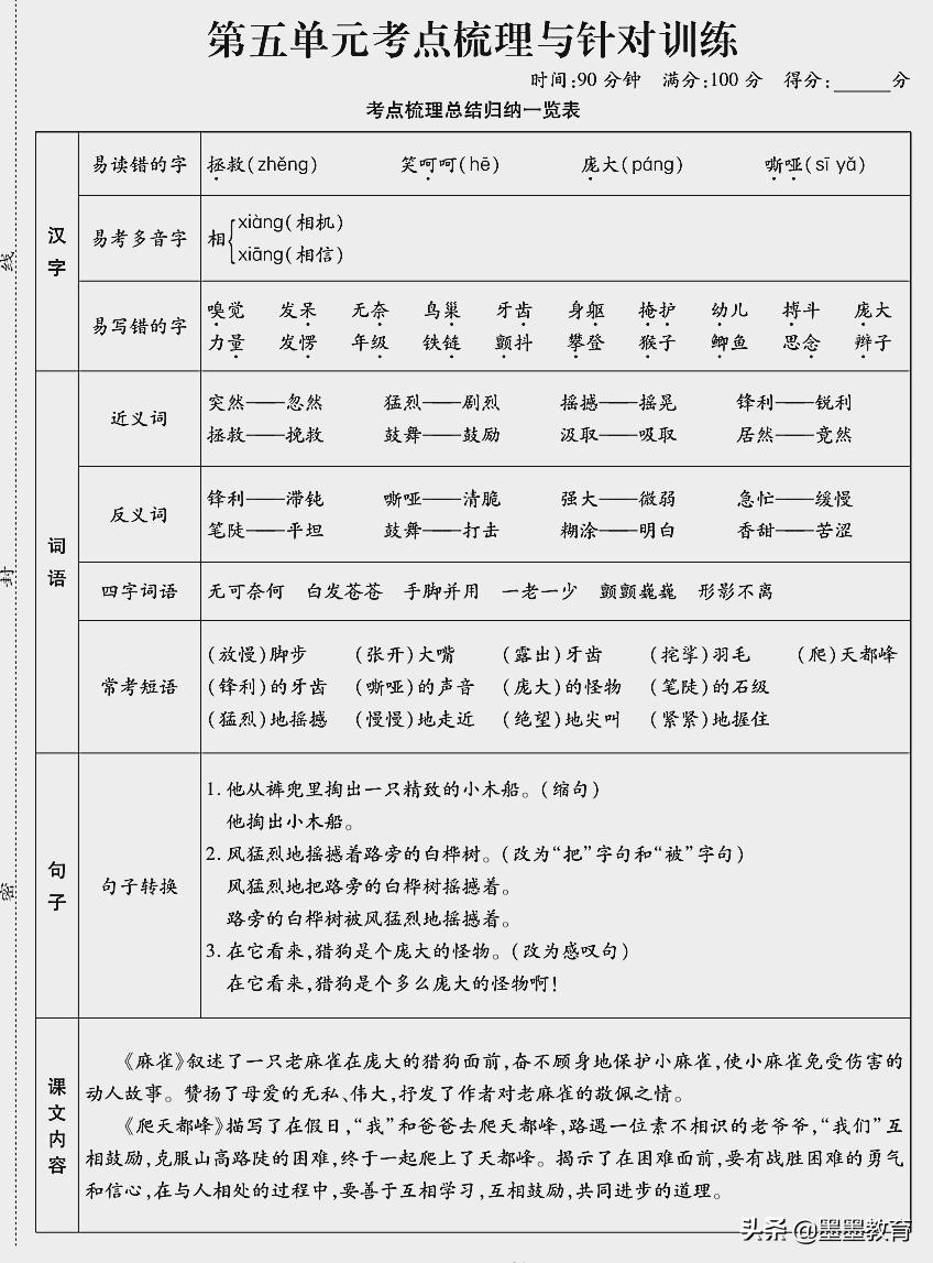 四年级语文全册知识点整理,四年级语文单元复习资料