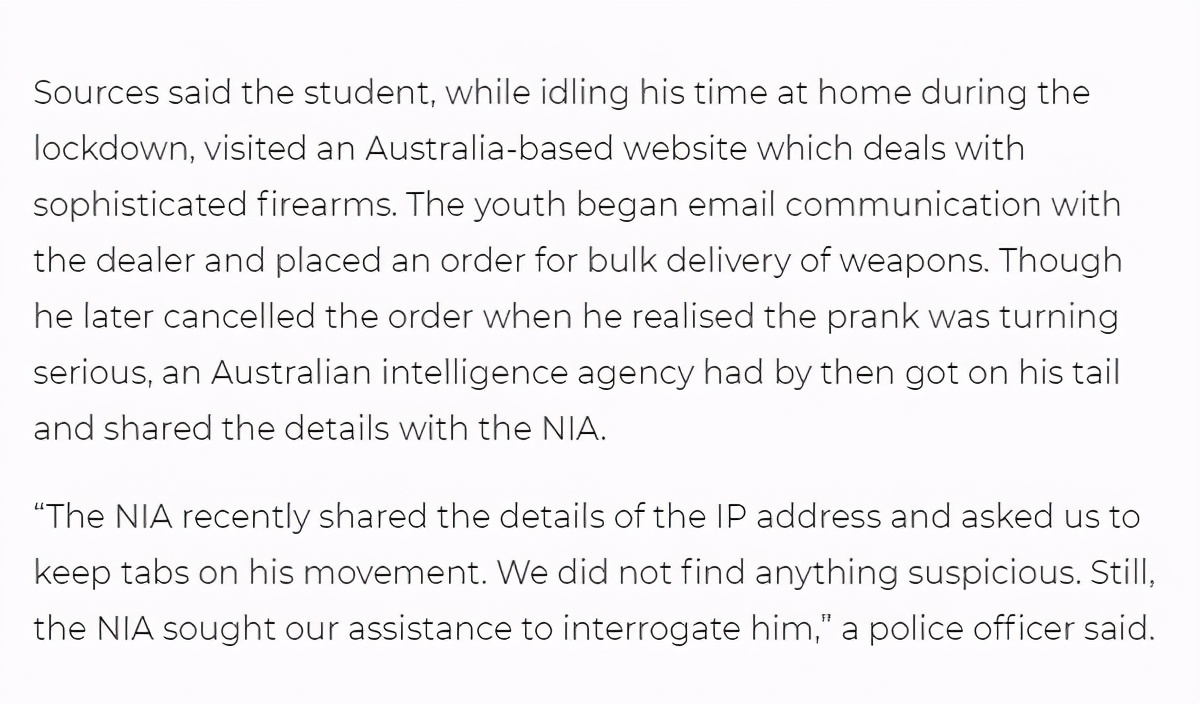 印度学生闲得无聊在外国网站订购*器武**，惊动两国情报机构
