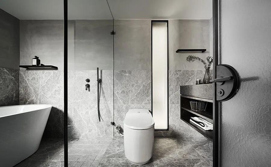 4平米卫生间瓷砖600*1200直贴效果,卫生间400*800深灰色瓷砖腰线效果