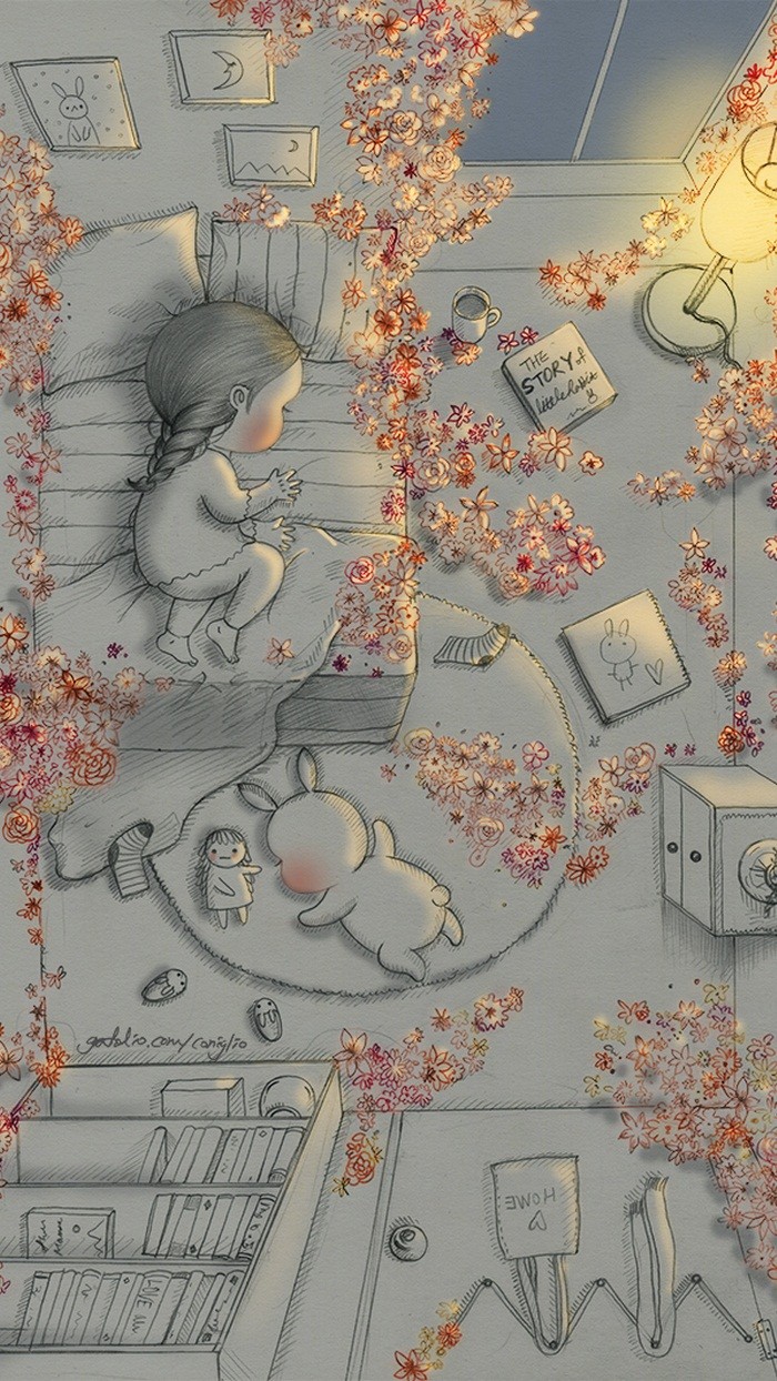 少女与兔子插画,兔子手绘创意插画