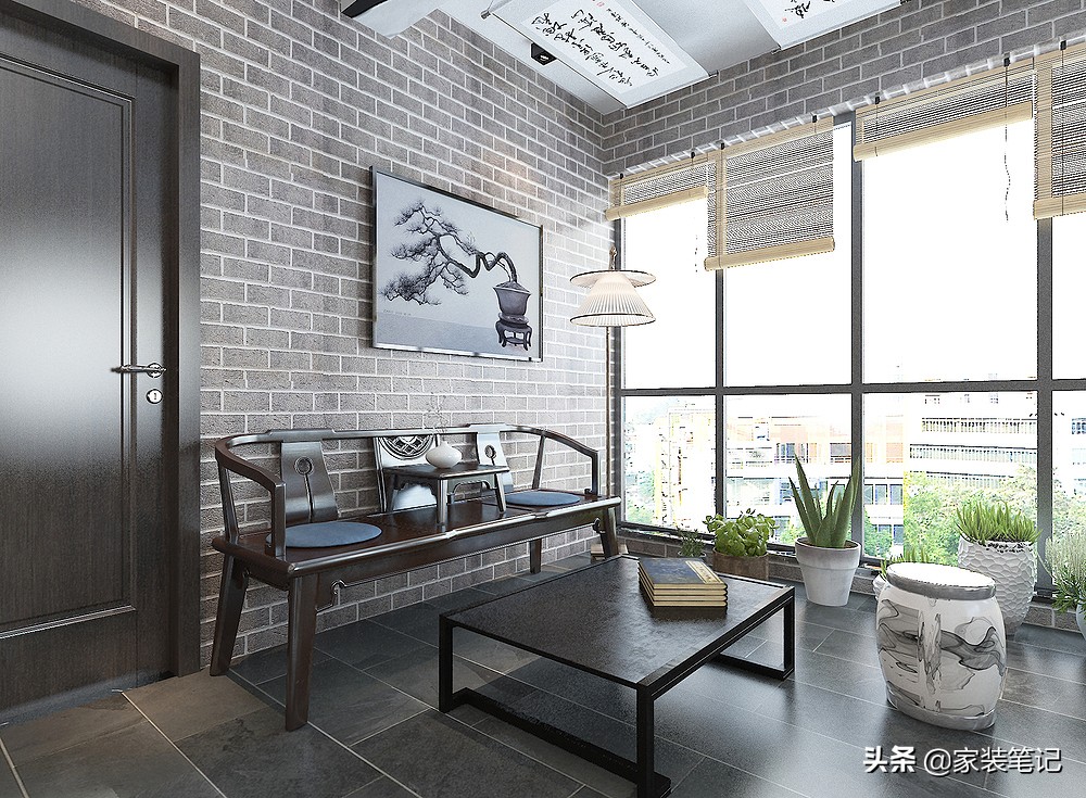 中式古典客厅阳台一体效果图,阳台装修设计中式设计