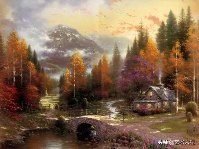 美式欧式田园风光油画,童话里的小屋子绘画