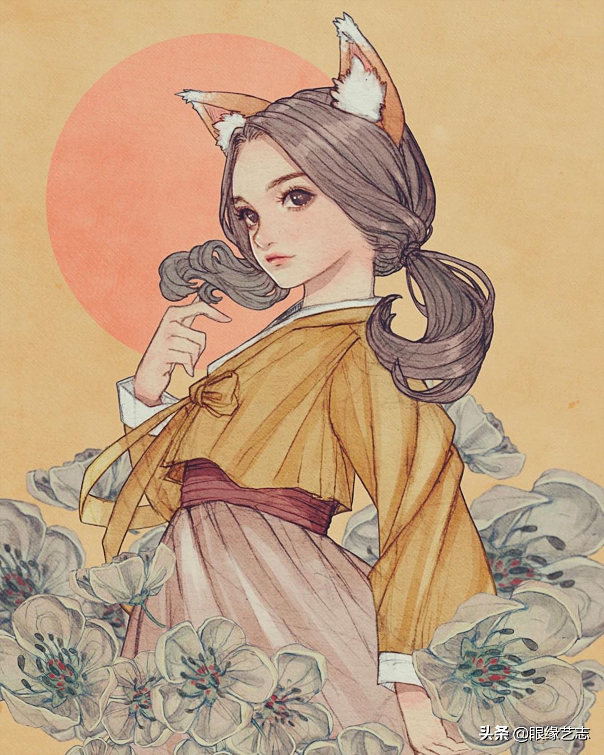 韩式穆夏风插画,韩国传统服饰插画
