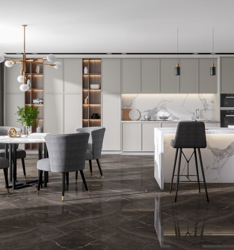 家用瓷砖怎么选高级感,极简柔光瓷砖通铺搭配效果图