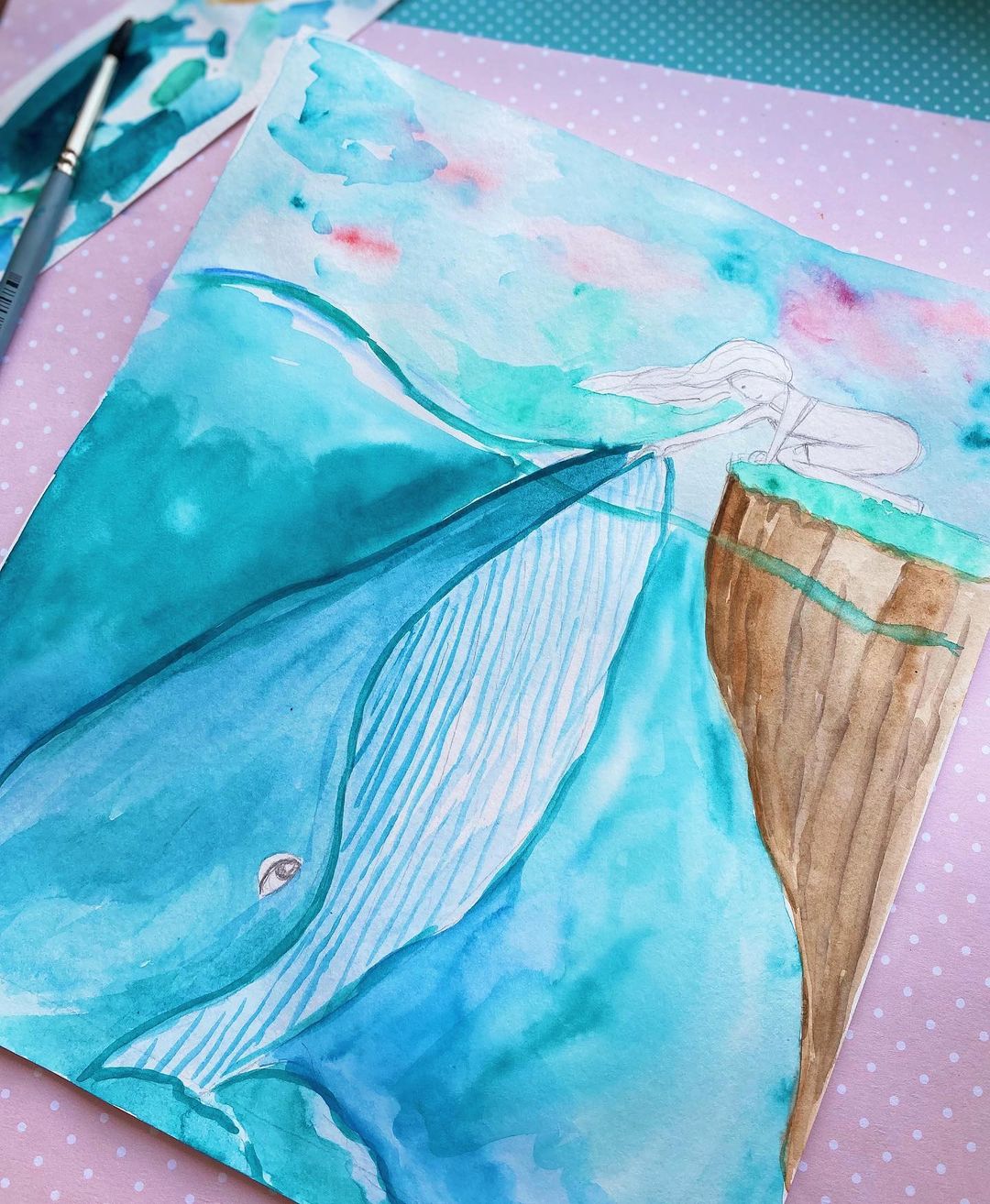 鲸鱼怎么画比较仙气水彩画,怎么用水彩画云朵上的鲸鱼