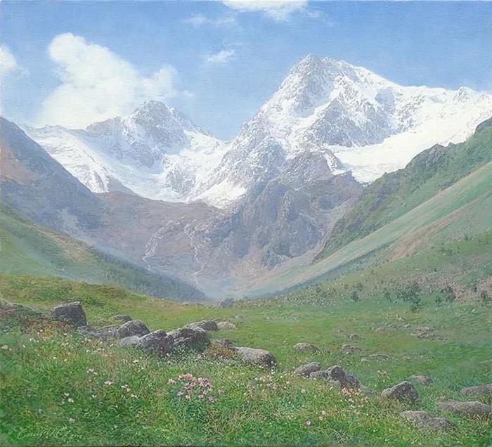 俄罗斯艺术家AydemirSaidov的人体绘画,花间的美丽少女