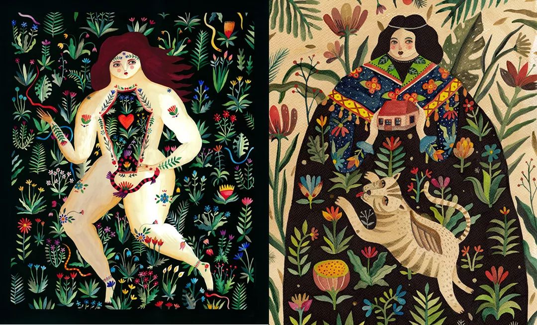 在诱人的民间插画中，艾奇将“不安”与花卉融为一体