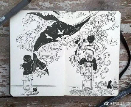 针管笔手绘黑白小插画简单,黑白风的针管笔小插画