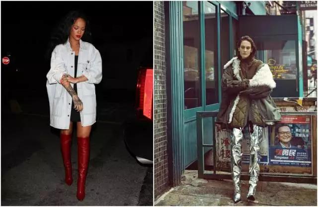 烟灰色牛仔裤怎么搭过膝靴,小香风皮毛外套搭配牛仔裤过膝靴