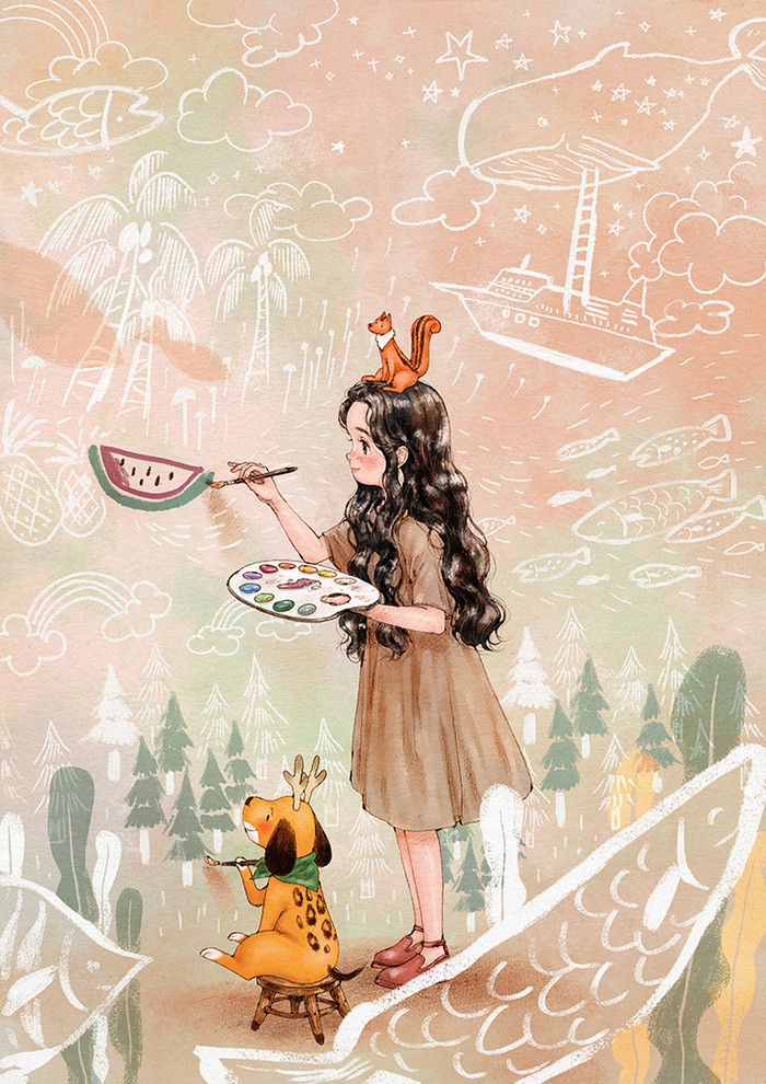 韩国插画师森林女孩日记图文,水彩插画森林女孩日记