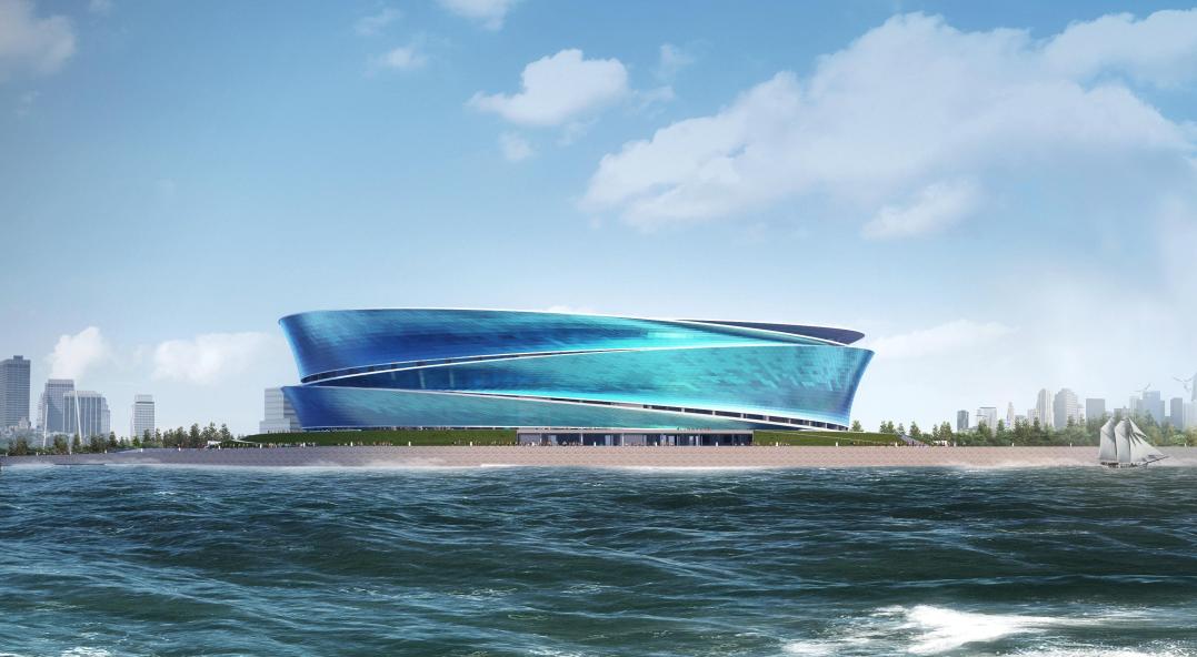 大连梭鱼湾专业足球场膜结构,鸟瞰大连梭鱼湾足球场