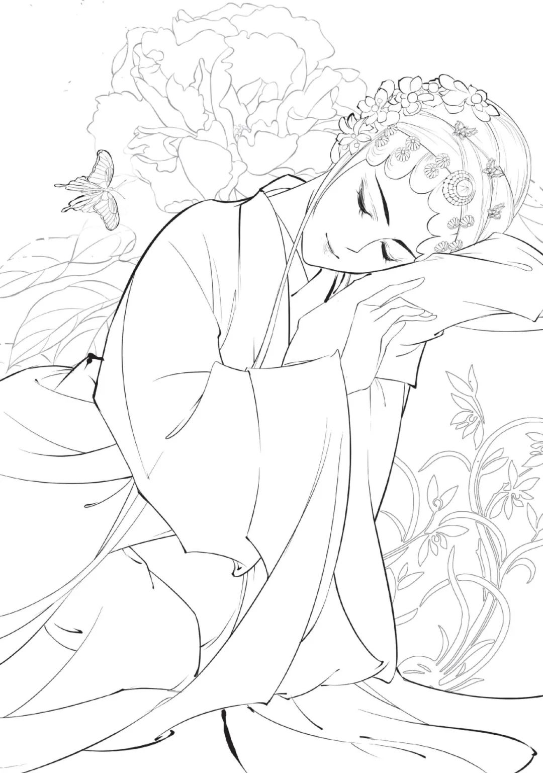 手绘山海经古风人物线稿,手绘动漫古风女生线稿简单