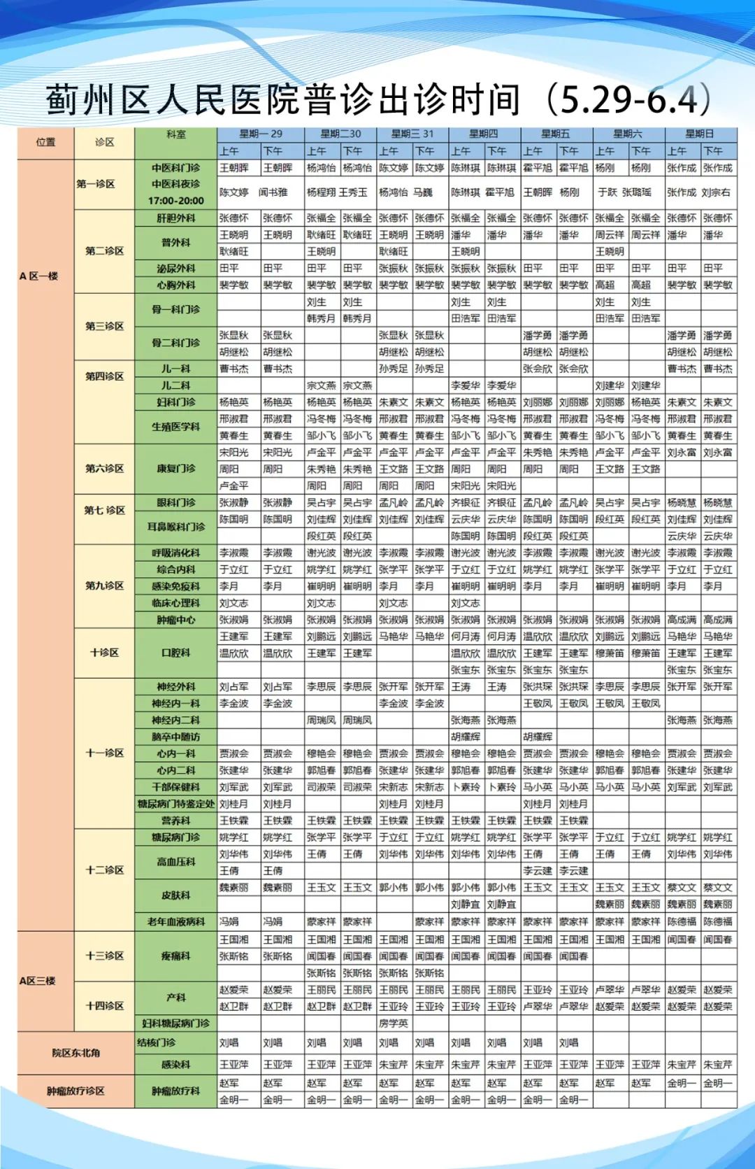 蓟州区人民医院专家门诊和普诊排班表来啦！2023年5月29日-6月4日