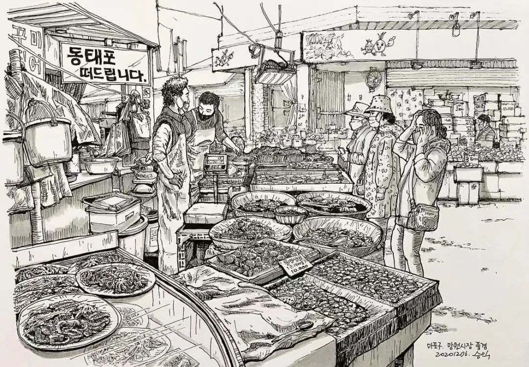 日本画家创作的铅笔街景速写,韩国速写大师