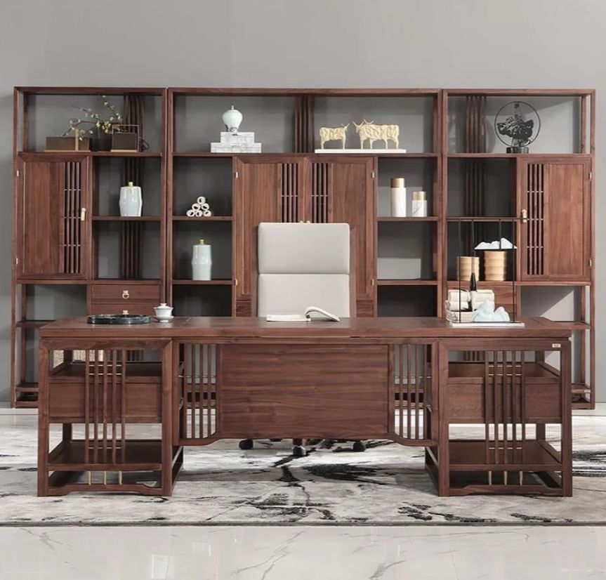老板办公桌椅组合简约现代大班台,老板办公室柜子效果图新中式