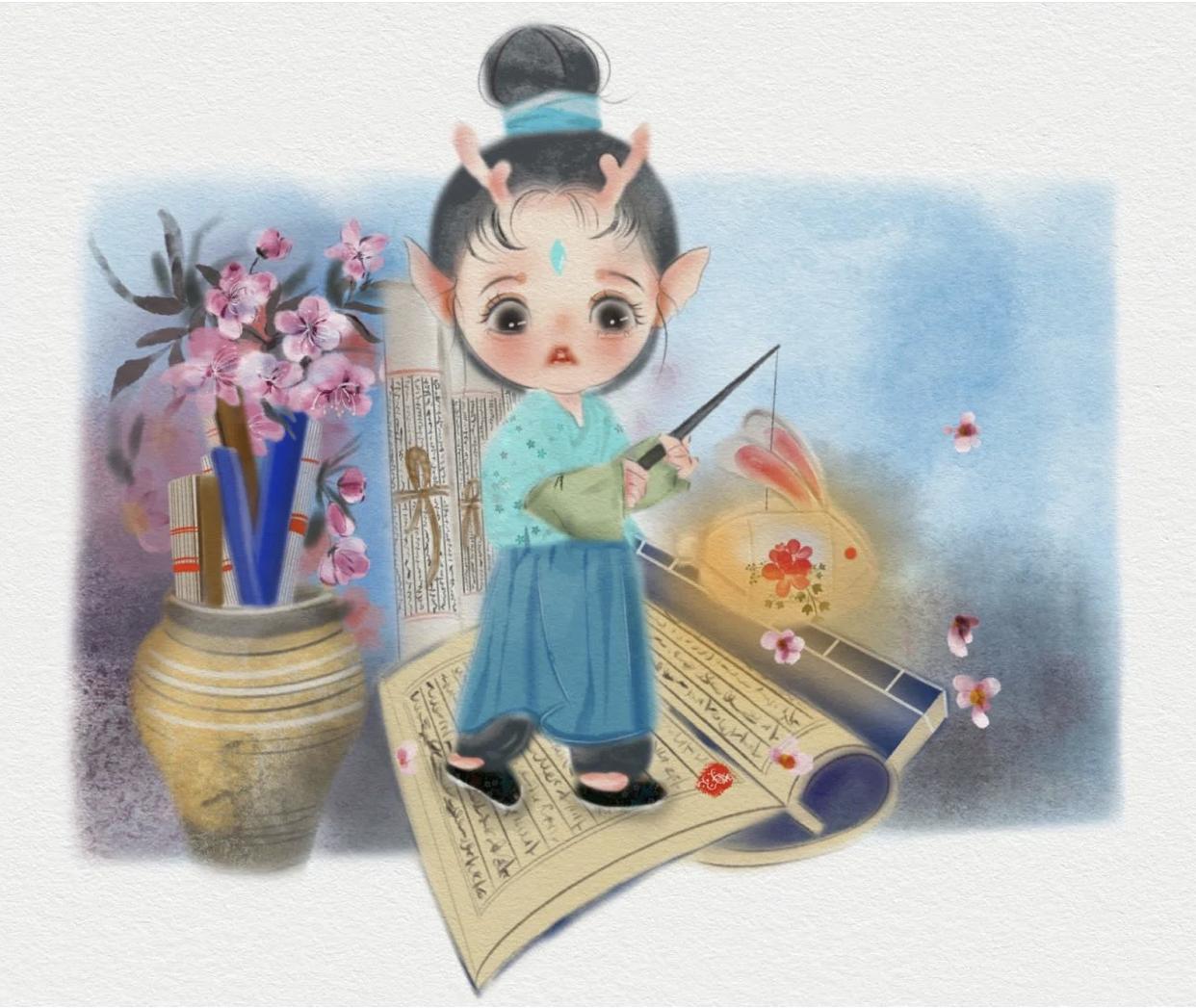 可爱的古风小人插画,古风插画风景手绘简单小图案黑白