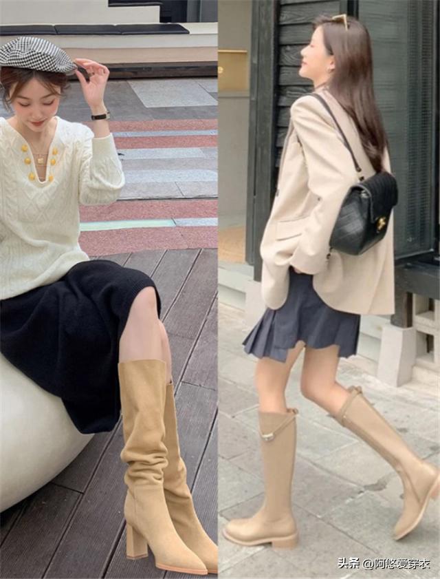 米白色马丁靴秋季穿搭,秋季米白色长筒靴穿搭