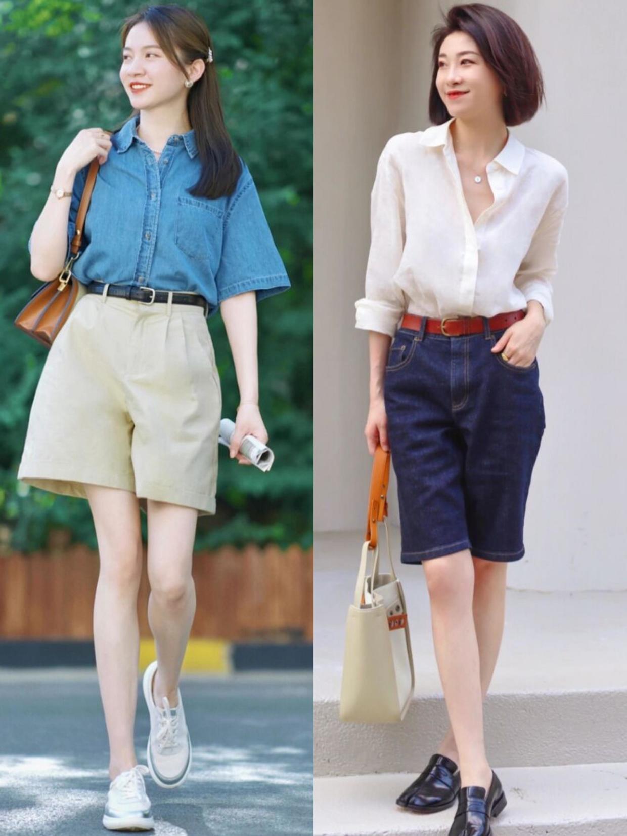 时尚短袖衫搭配气质西装短裤,短袖衬衫搭配超短百褶短裙