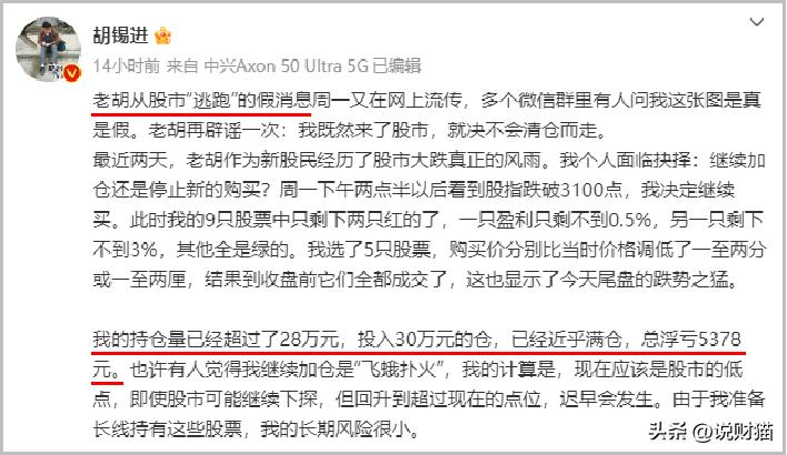 胡锡进炒股账面亏463元,胡锡进最新“炒股日记”亏14315元