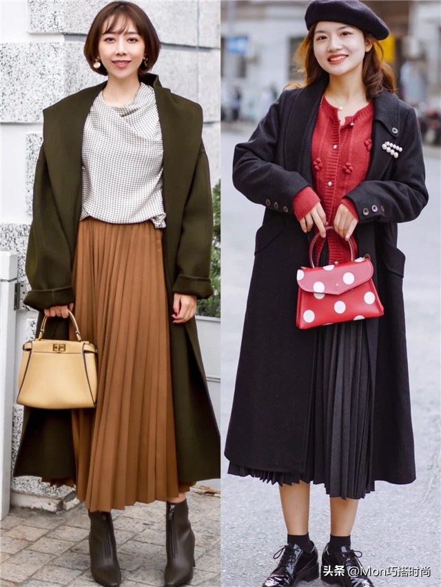 今年流行百褶裙搭大衣,中长款百褶裙搭配大衣