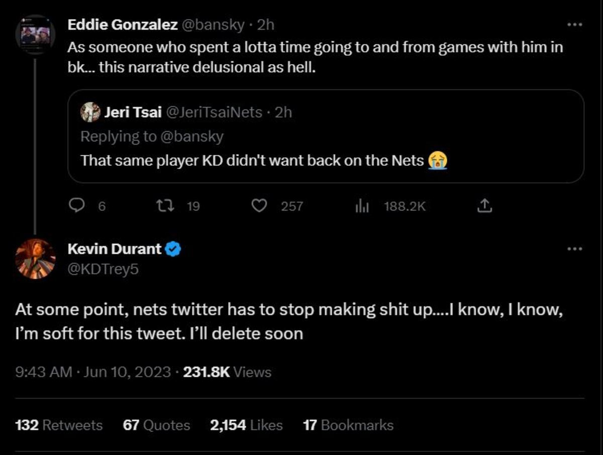 杜兰特赛后谈篮网,杜兰特吐槽篮网首发阵容回应