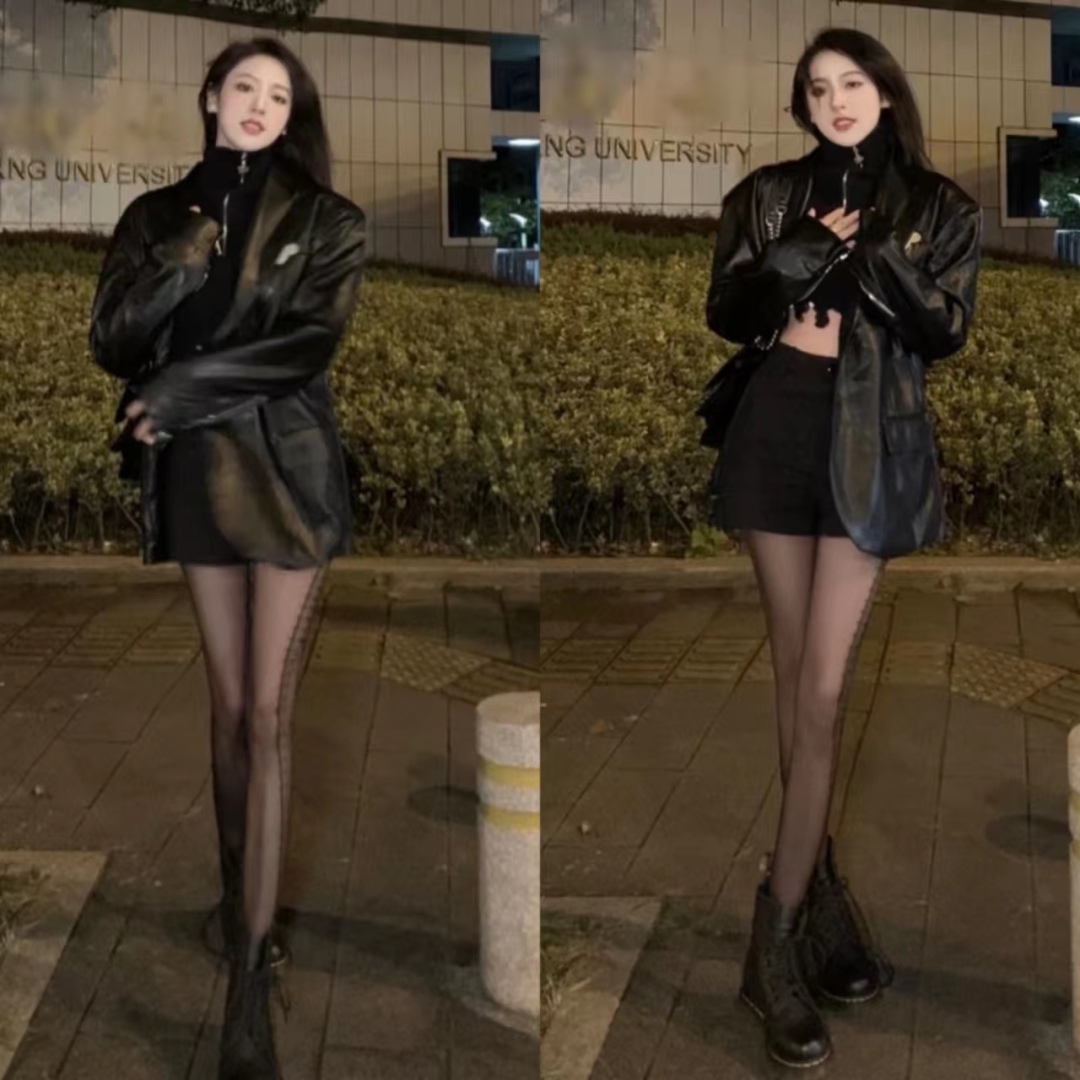 秋冬黑色宽松皮衣两件套,40-50岁洋气皮衣套装