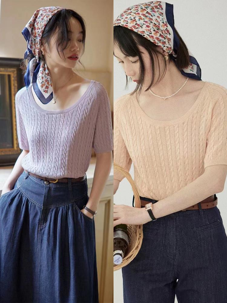 穿半截袖t恤,一字肩短袖针织衫配什么裙子好看