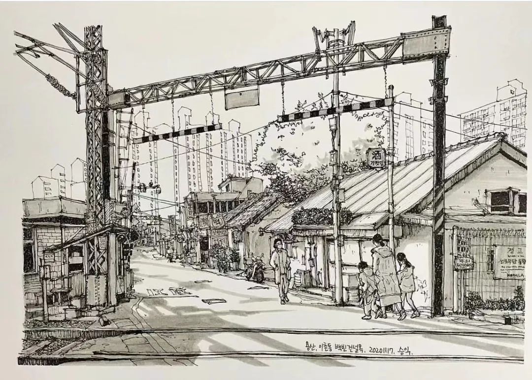 日本画家创作的铅笔街景速写,韩国速写大师