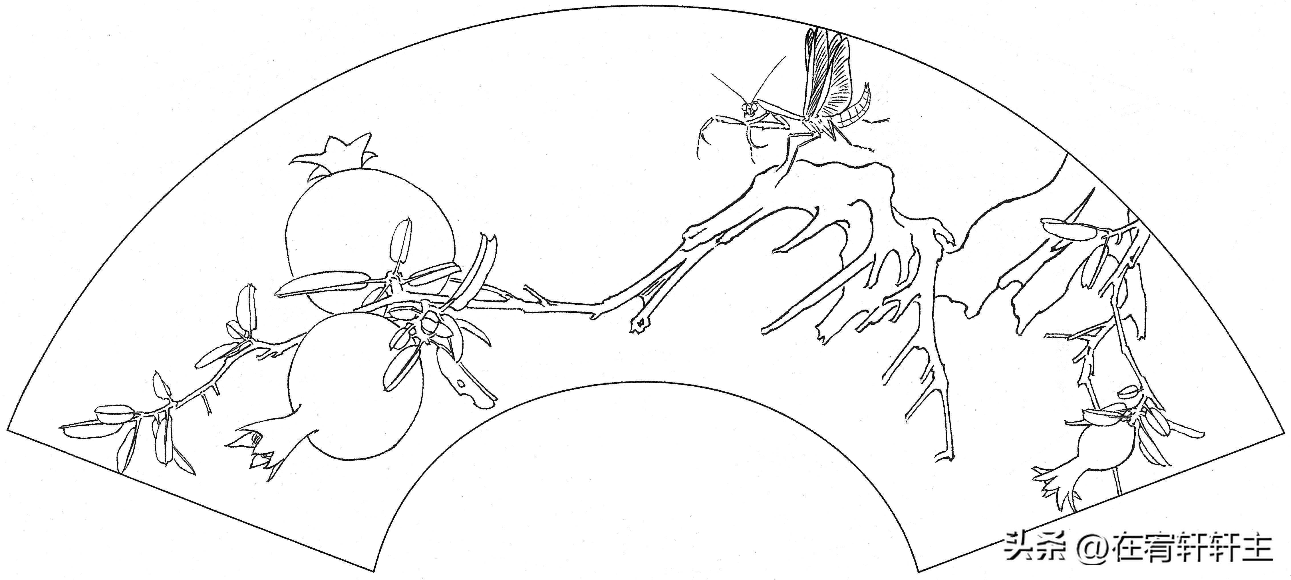 工笔白描祥云图案扇面,工笔扇面葡萄白描图片