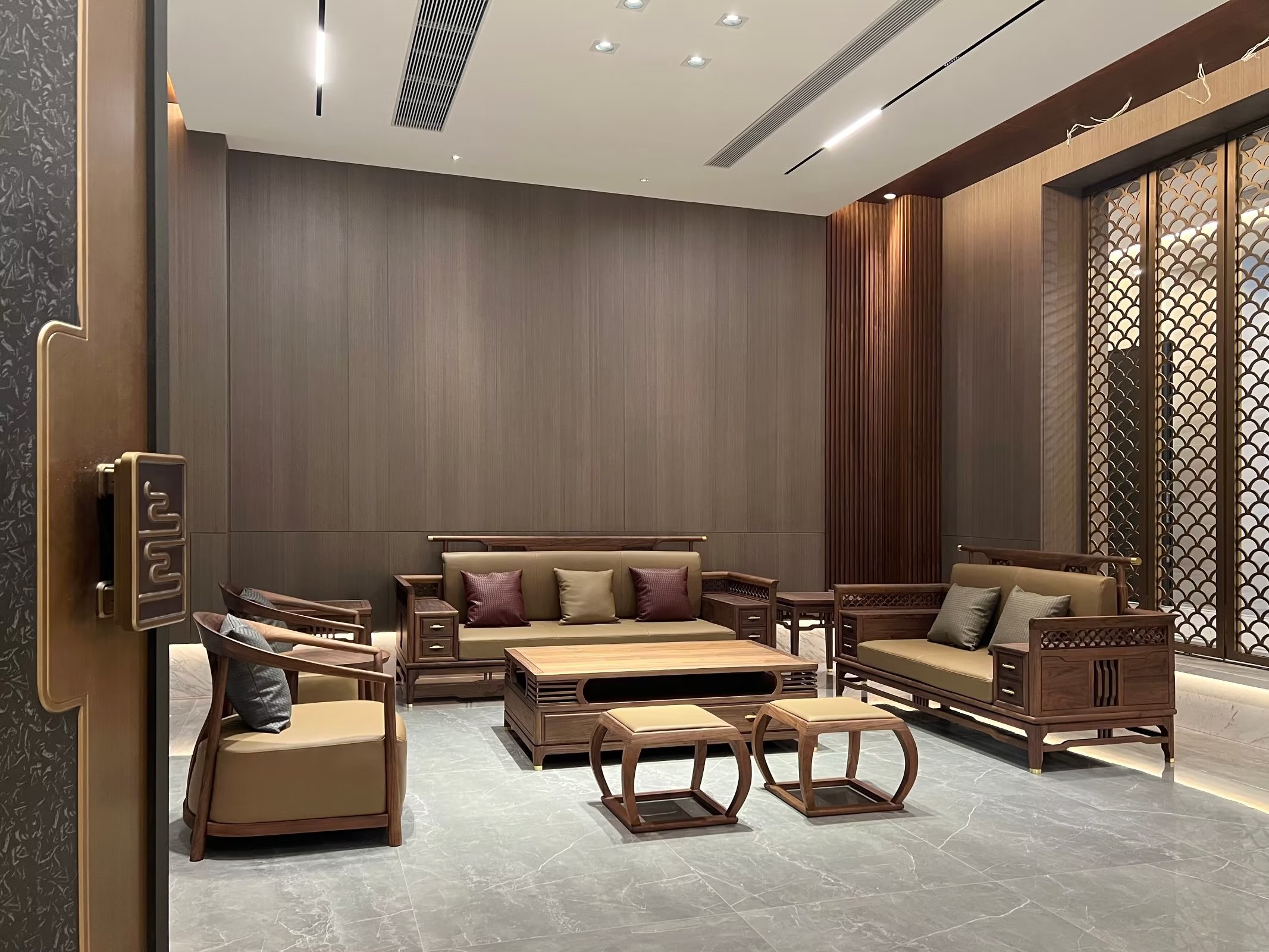 新中式胡桃木沙发带抽屉,新中式实木沙发北美黑胡桃木