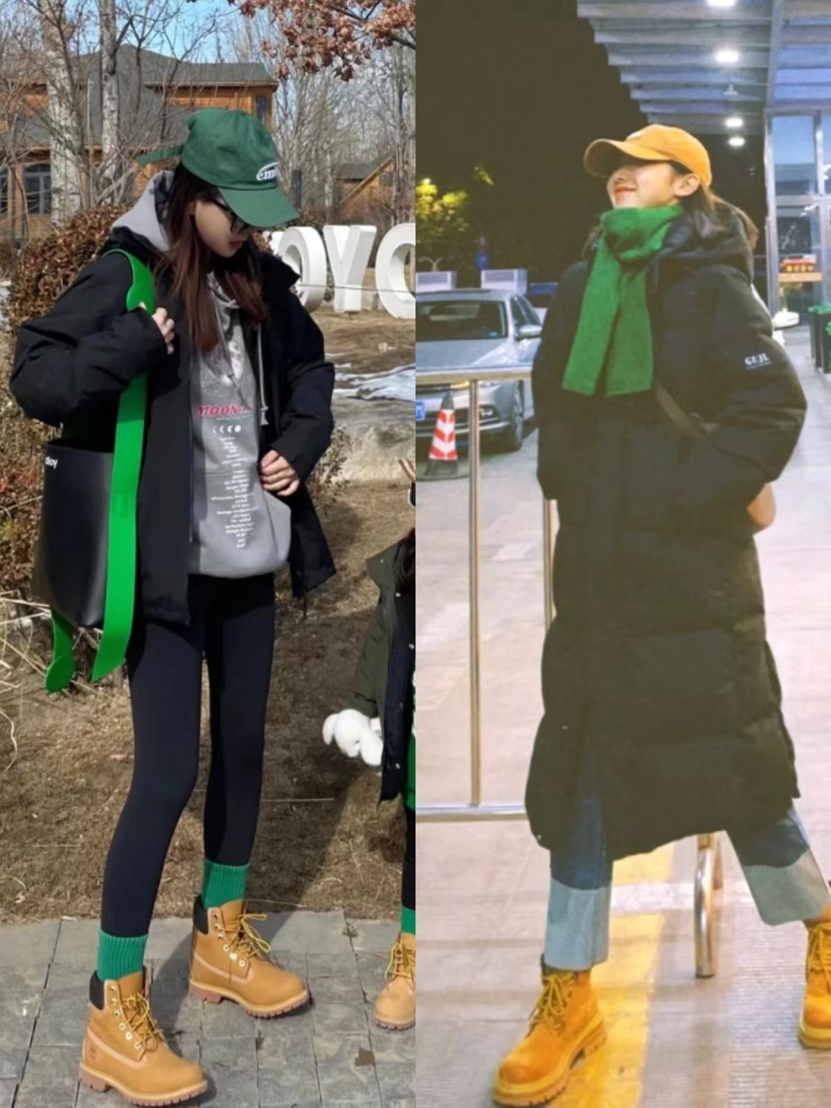 白色羽绒服配大黄靴马丁靴,今年流行的羽绒服配长筒靴