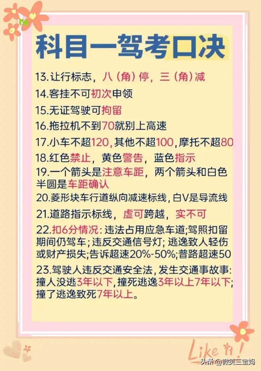科目一驾考口诀，一次性整理清楚，涨知识了，内容仅供参考。