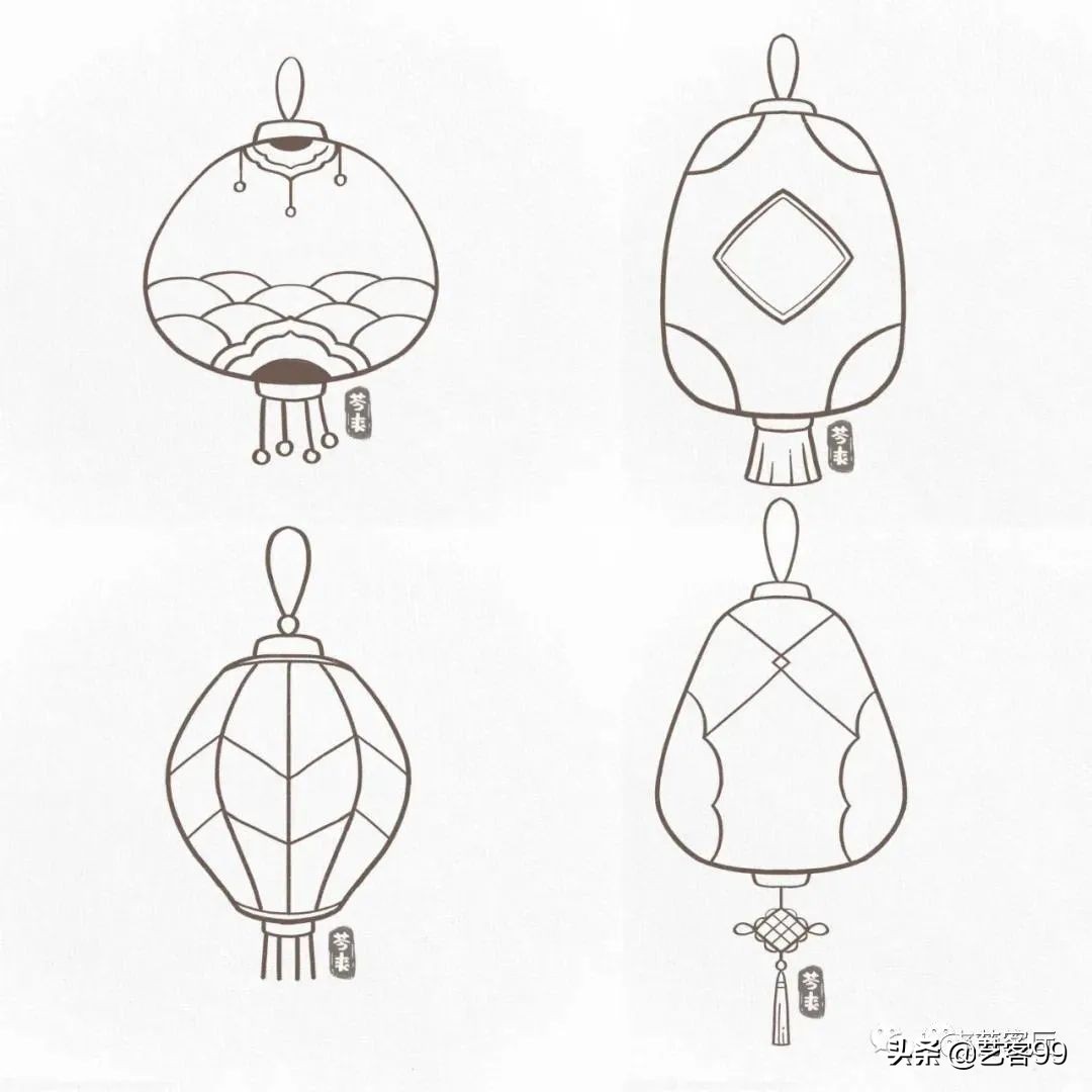 正月十五观花灯的绘画,正月十五月儿圆大红的灯笼