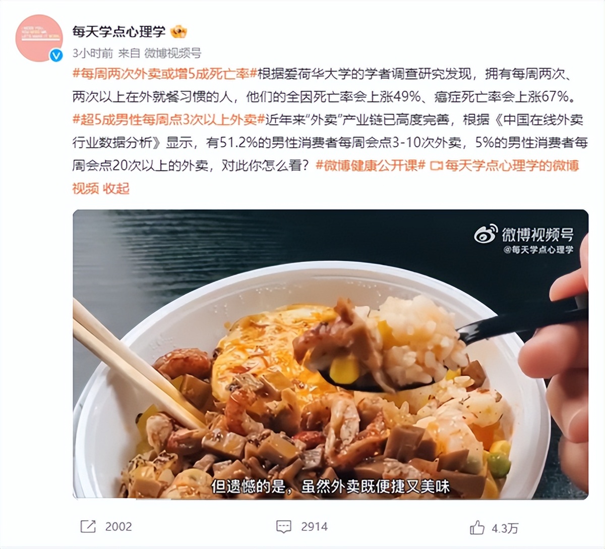 每周点两次外卖或增加5成死亡率,每周两次外卖或增5成死亡率