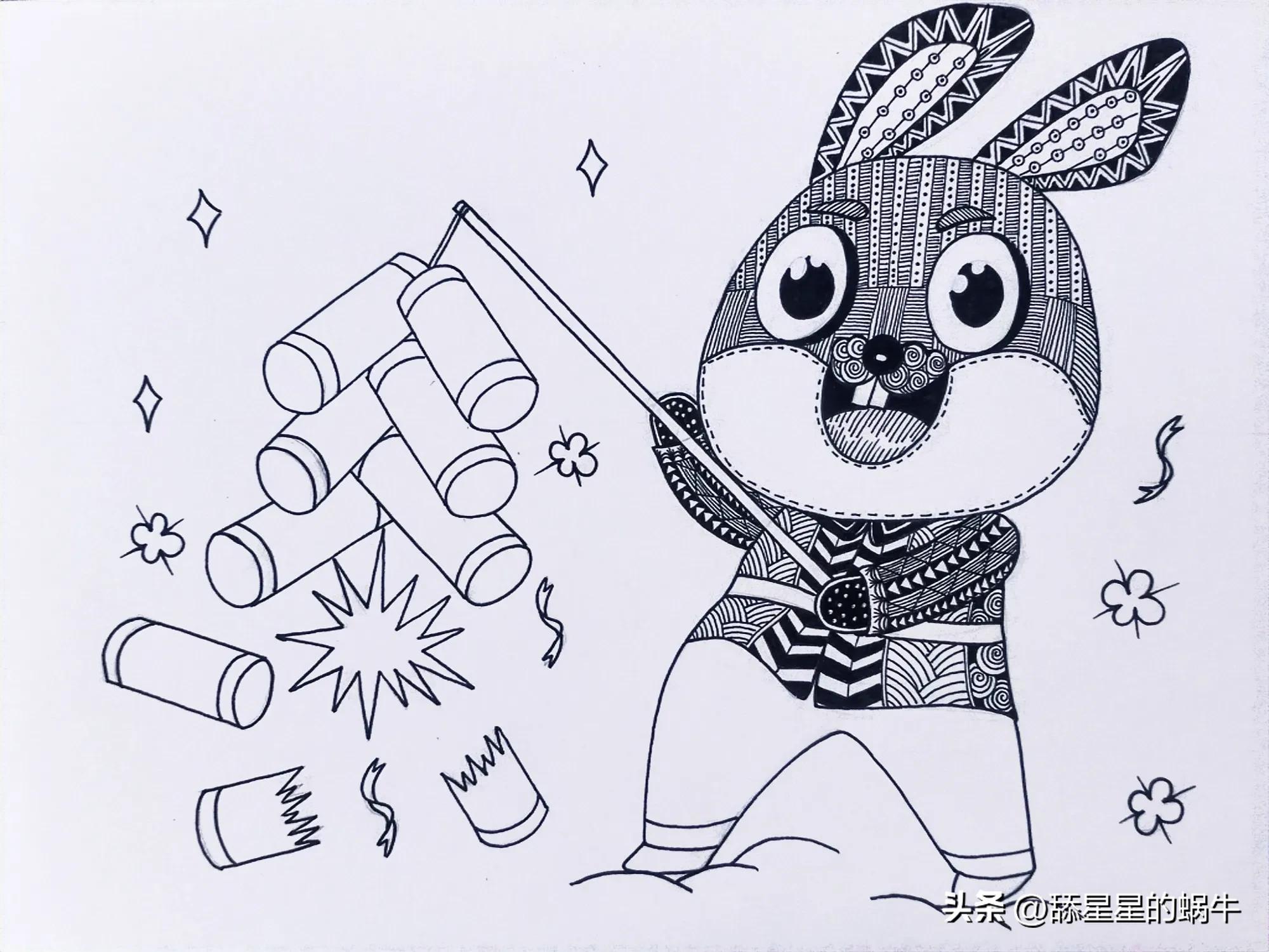 黑白线描画兔年大吉图文版,兔年主题画线稿怎么画