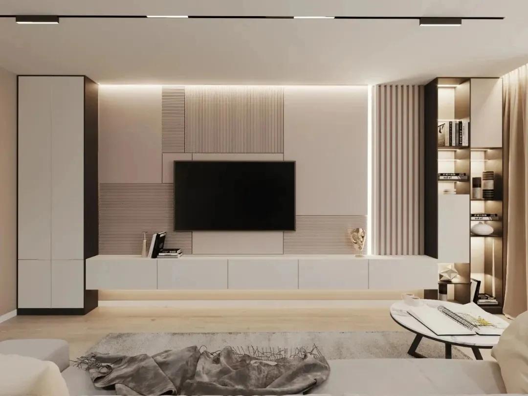 石膏线电视背景墙尺寸3.1米效果图,轻奢风装修2022新款电视背景墙纸