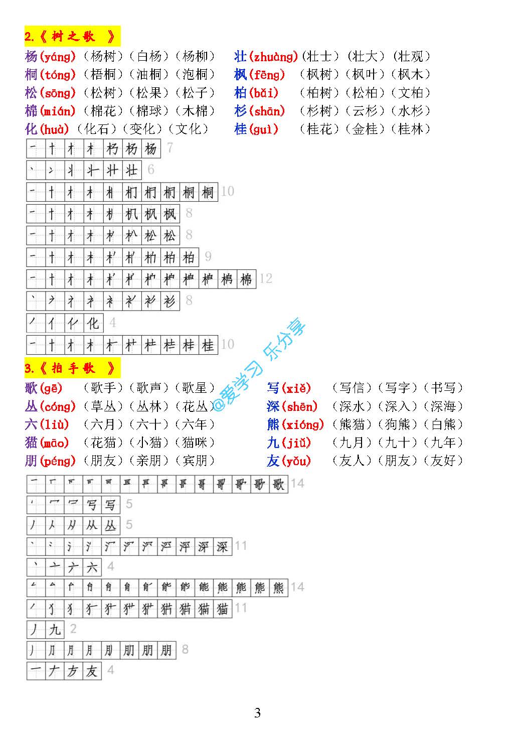 二年级下册生字笔顺表组词打印版,二年级上册写字表组词和笔顺