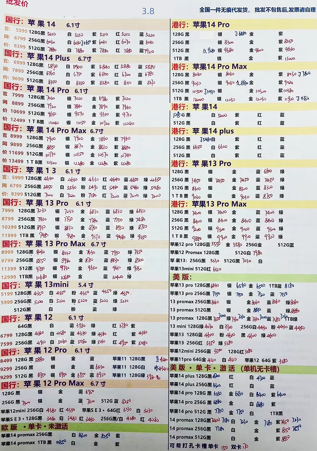 2023年2月华强北手机拿货价格表,2023年8月手机批发价格表