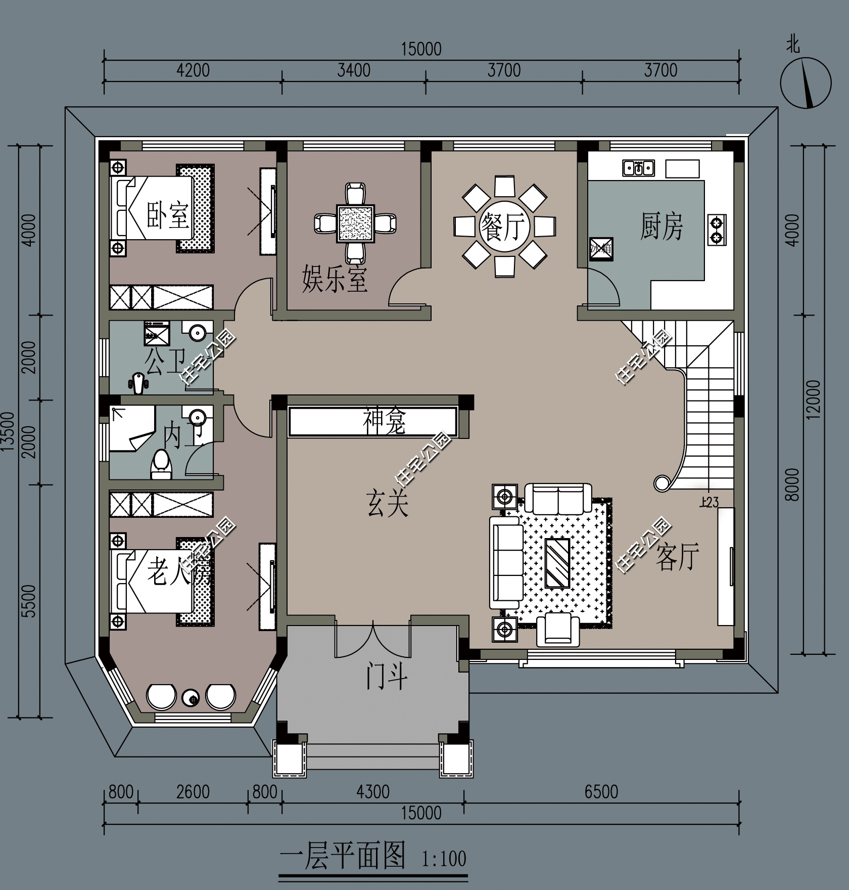 农村简单大气的二层别墅户型,11.5米x11米二层半现代别墅平面图