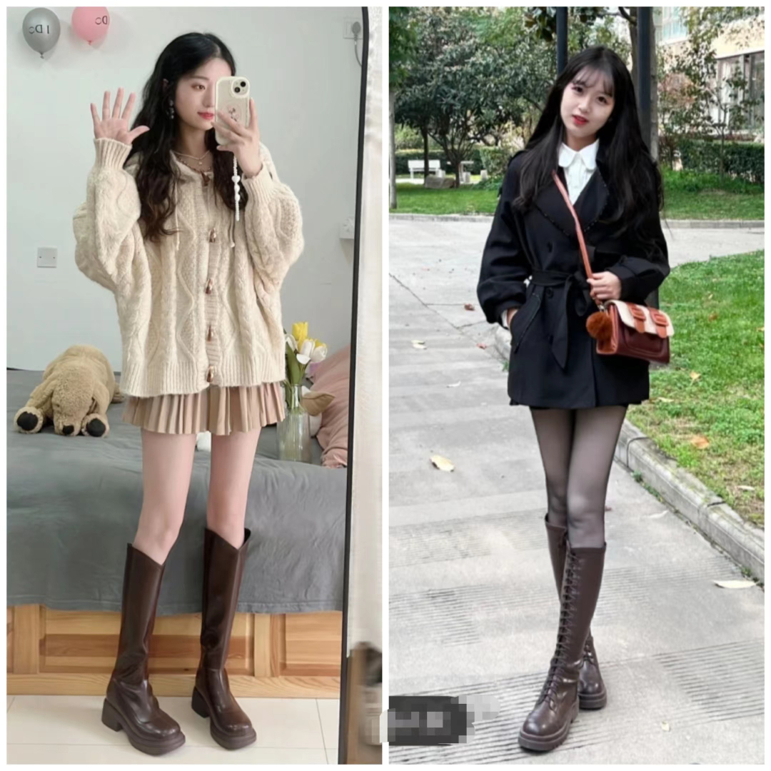 好穿又好搭时尚长筒宽靴,棕色长筒靴子女2022爆款洋气气质