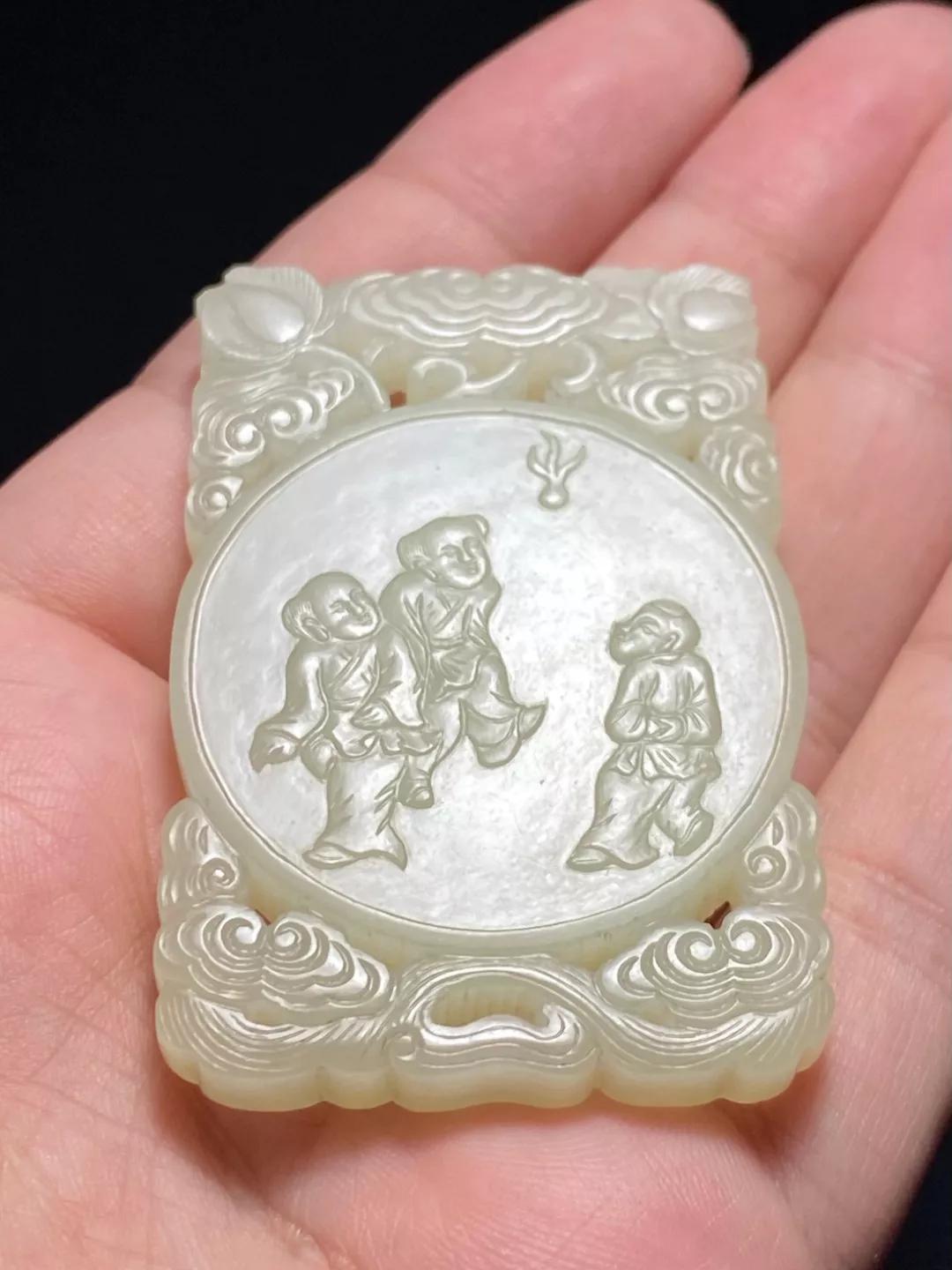 清中期和田羊脂白玉童子,清中期和田白玉双喜玉牌图片