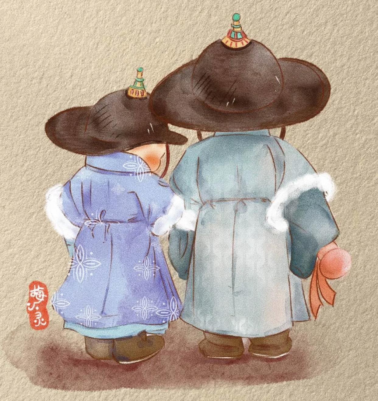 可爱的古风小人插画,古风插画风景手绘简单小图案黑白