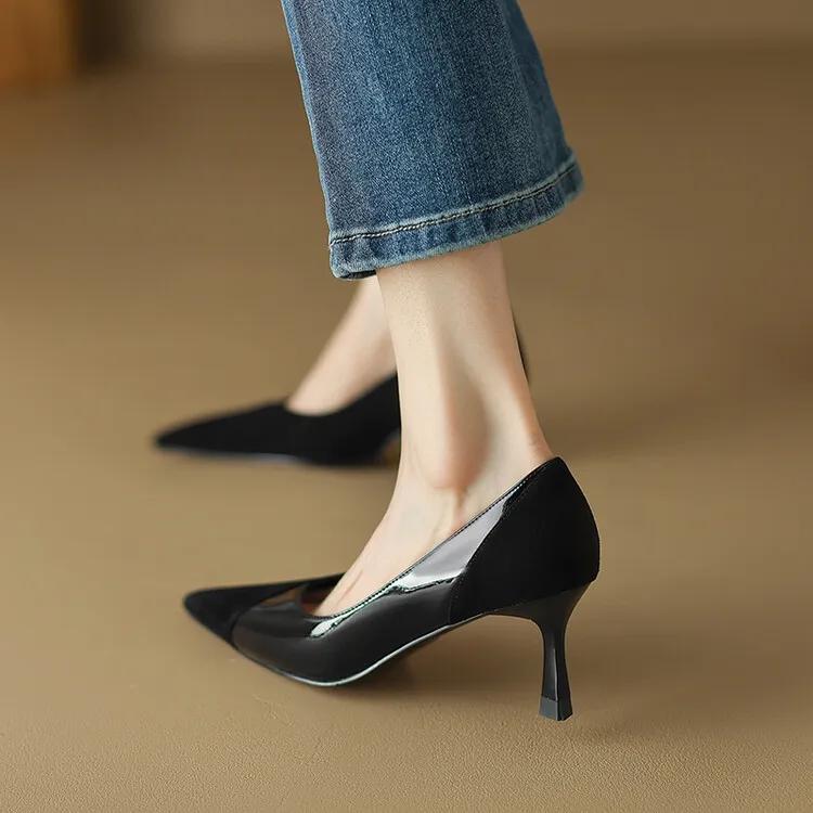 高跟鞋女拼接高级感,玛丽珍粉色拼接高跟鞋