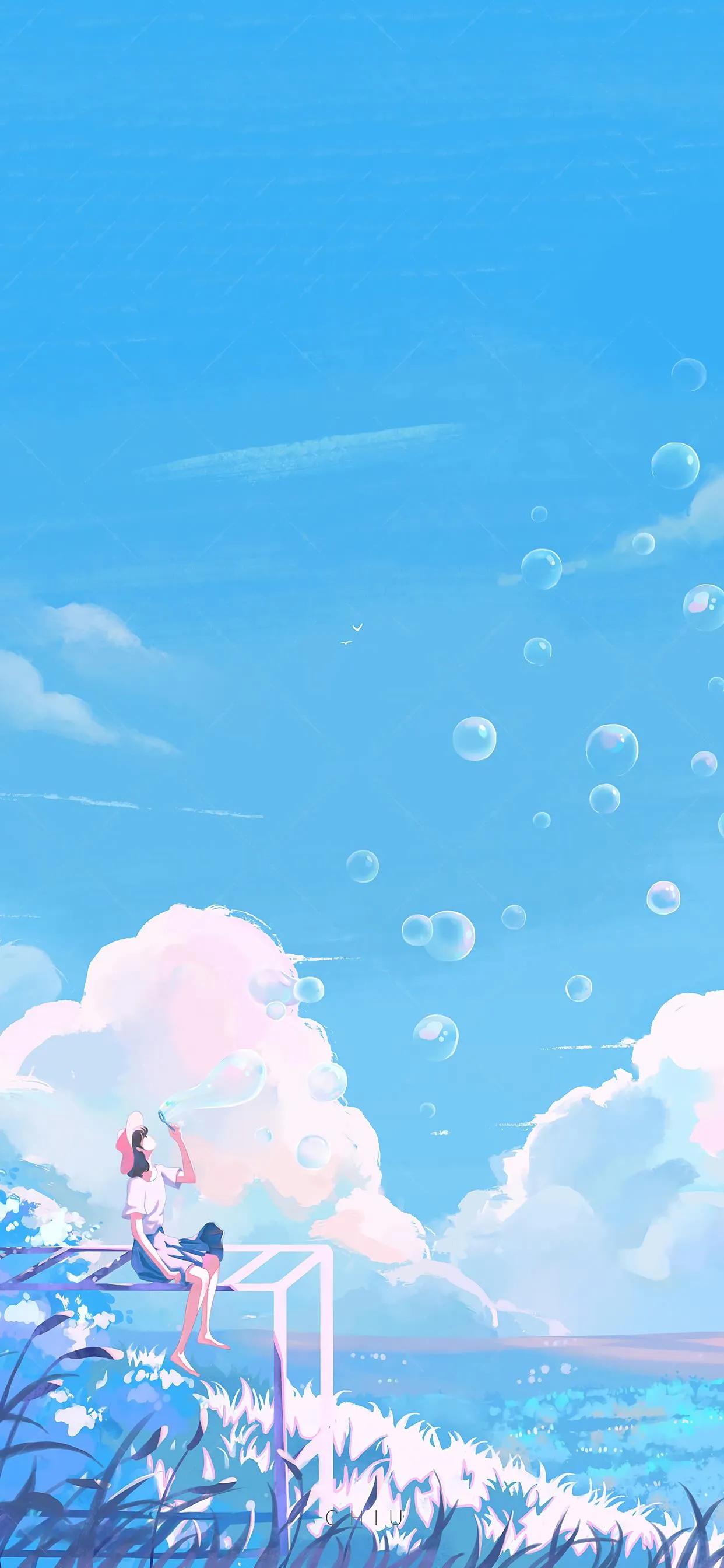 萌图100张可爱壁纸,春日海边小镇壁纸插画