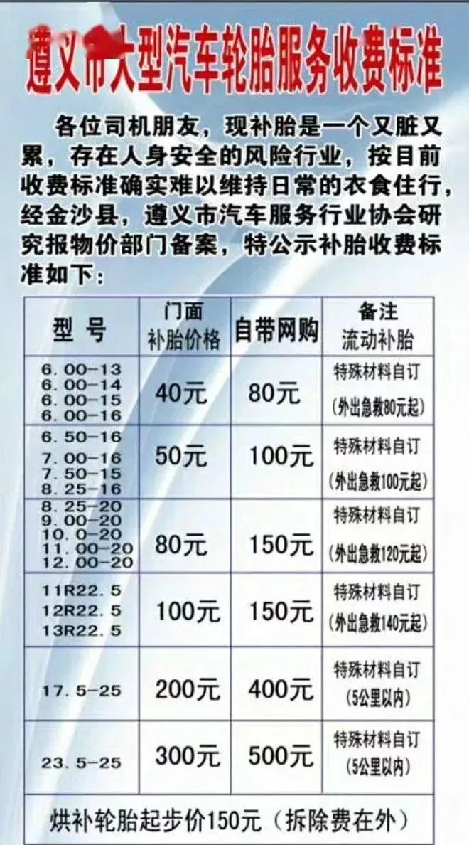 外出补胎收费标准是多少汽车,当前补胎价格是多少呢