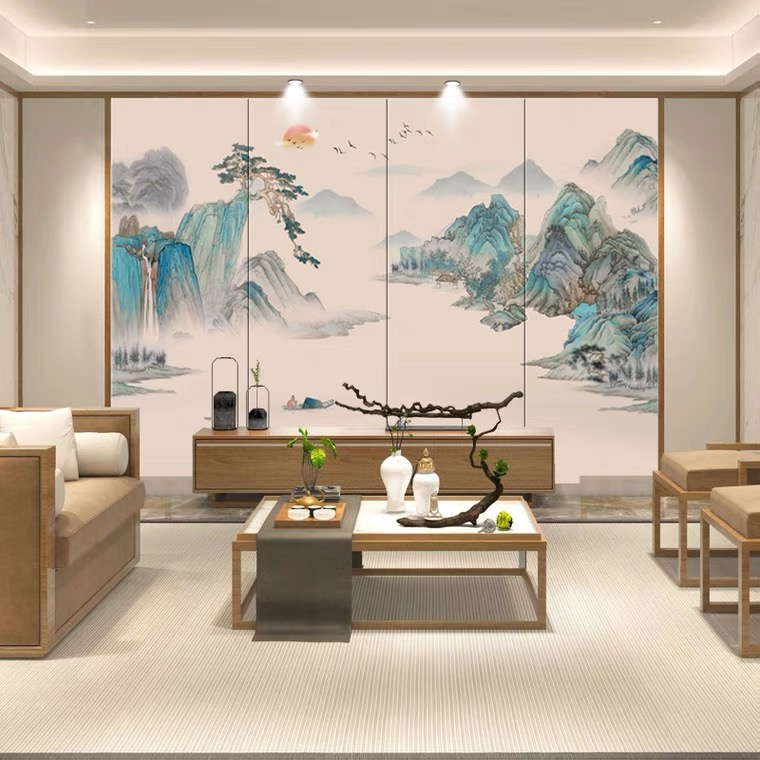 新中式浮雕山水壁画背景墙,新中式山水壁布壁画价格