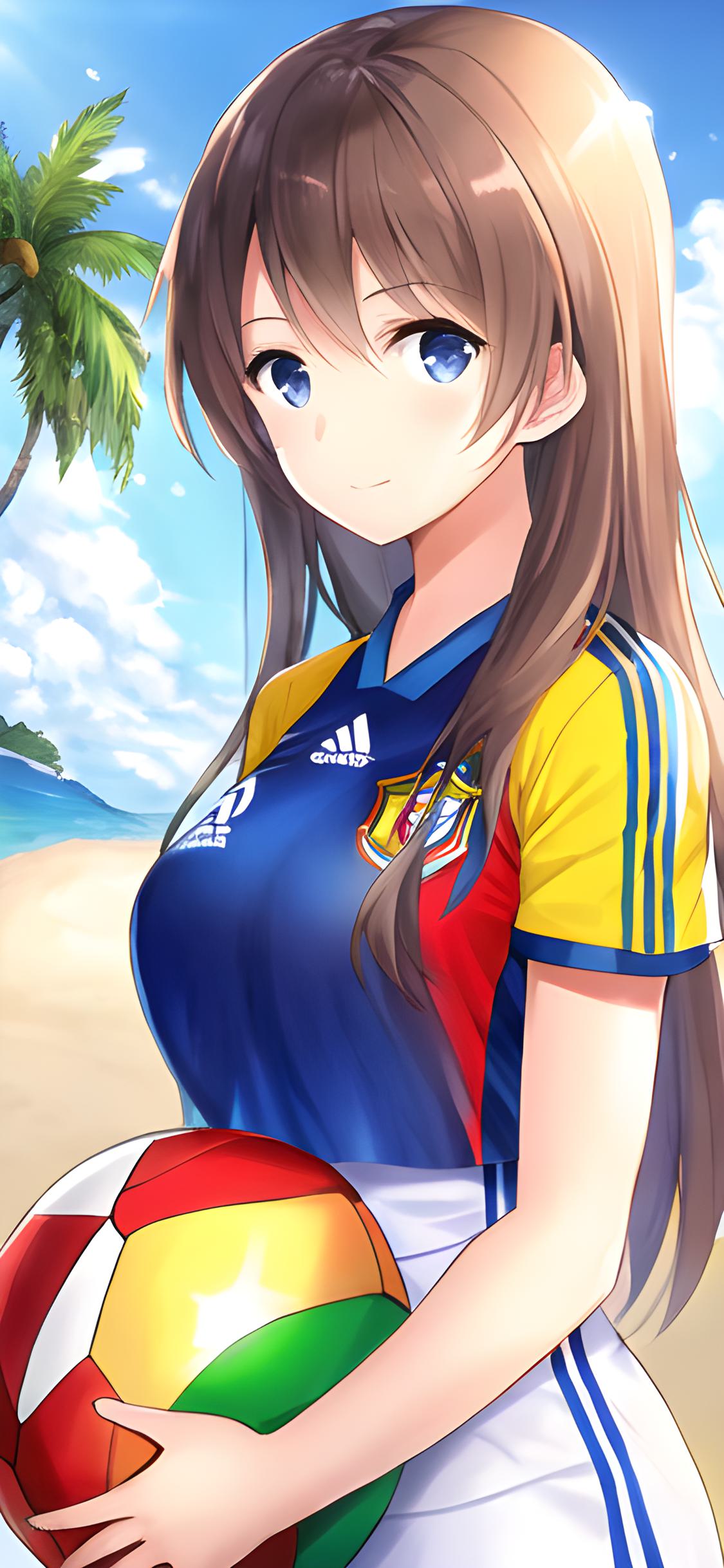 二次元美少女壁纸足球,ai绘画壁纸沙滩