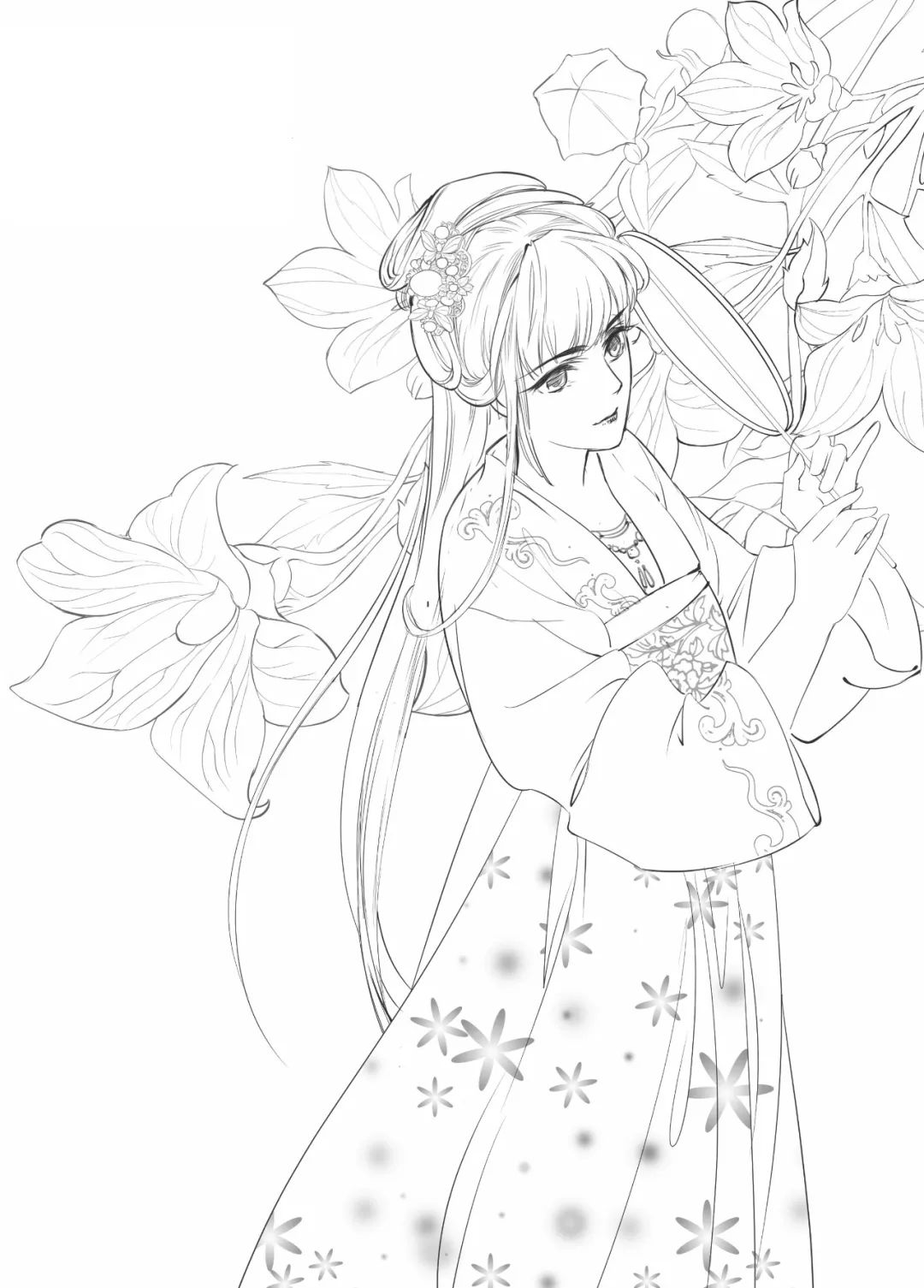 手绘山海经古风人物线稿,手绘动漫古风女生线稿简单