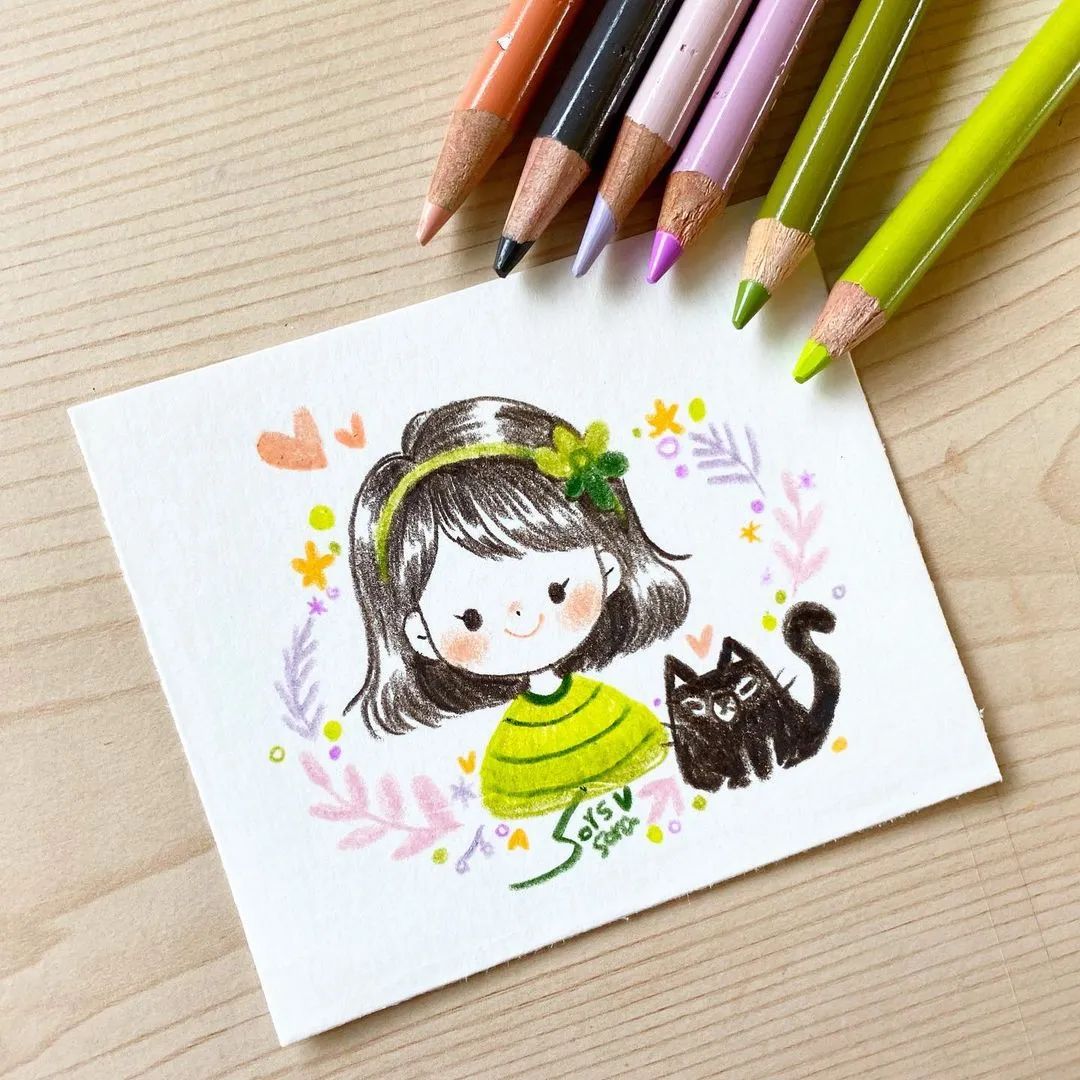彩铅绘画7-15岁简笔画可爱又简单,可爱彩铅简笔画简单的少女